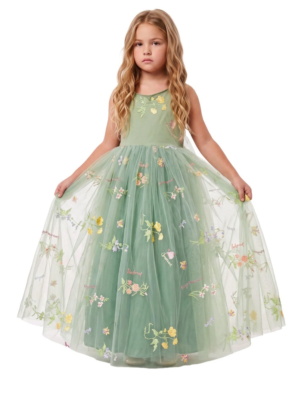 2Bunnies Girls Floral Garden Embroidered Tulle Strap Flower Girl Dress